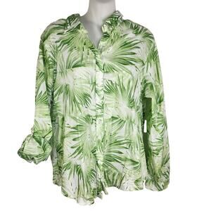 Statements Womens Shirt Size 14 Button Long Roll Tab Sleeve Palm Leaves Topical